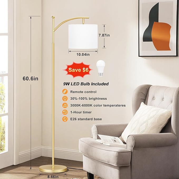 Ambimall 60" Gold Floor Lamp with Remote Control and Stepless Dimmable Bulb, Colors Temperature & Brightness Adjustable, Modern Floor Lamps for Living Room, White Shade & Gold Pole