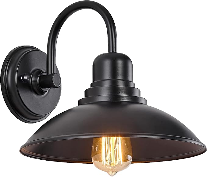 GOLDHILL Black Gooseneck Outdoor Barn Light, Farmhouse Vanity Lights with E26 Based Socket, Round Exterior Lights for House Garage Bathroom Bedroom