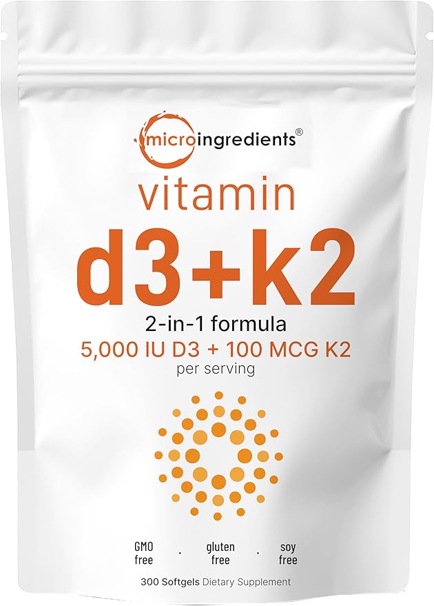 Lot de 2 gélules de vitamine D3 5 000 UI + K2 100 mcg et de poudre de peptides de collagène bio Micro Ingredients | Vitamines essentielles du soleil | Collagène bovin hydrolysé de type I et III