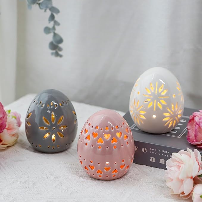 JHY DESIGN Set of 3 Ceramic Decorative Lamp 4" H Mood Lamp Battery Powered Floral Carved Cordless Light Great for Living Room Bedroom Weddings Parties Patio Events (Egg)