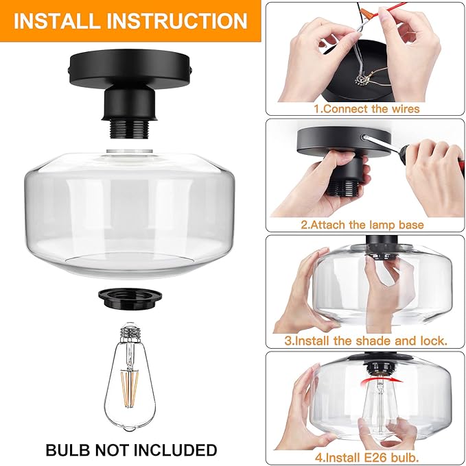 MAXvolador Industrial Semi Flush Mount Ceiling Light, Clear Glass Pendant Lamp Shade, Farmhouse Lighting for Hallway, Vintage Hanging Light Fixtures