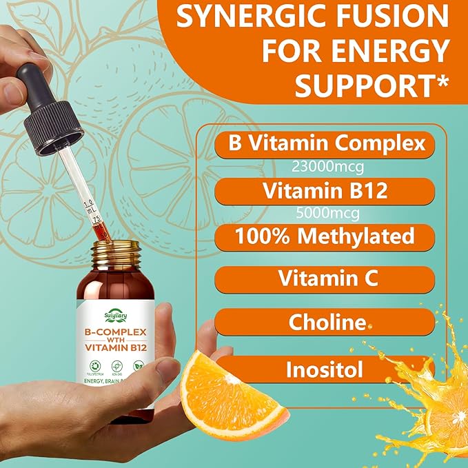 Suiyilary Vitamin B Complex Liquid Drops, B12 Methylcobalamin, B9 Folic, Vitamin C, Immune, Energy Metabolism, Brain & Heart Support, Orange Flavor, 60ml