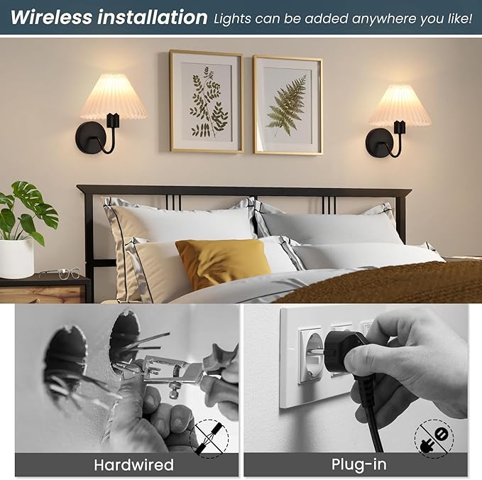 Rechargeable Battery Operated Wall Sconce Sets of 2, 15 Colors Wireless gooseneck Black Wall Lights Fixture with Dimmable Bulbs and Remote, Not Hardwired Wall Mounted Lamps for Bedroom Living Room