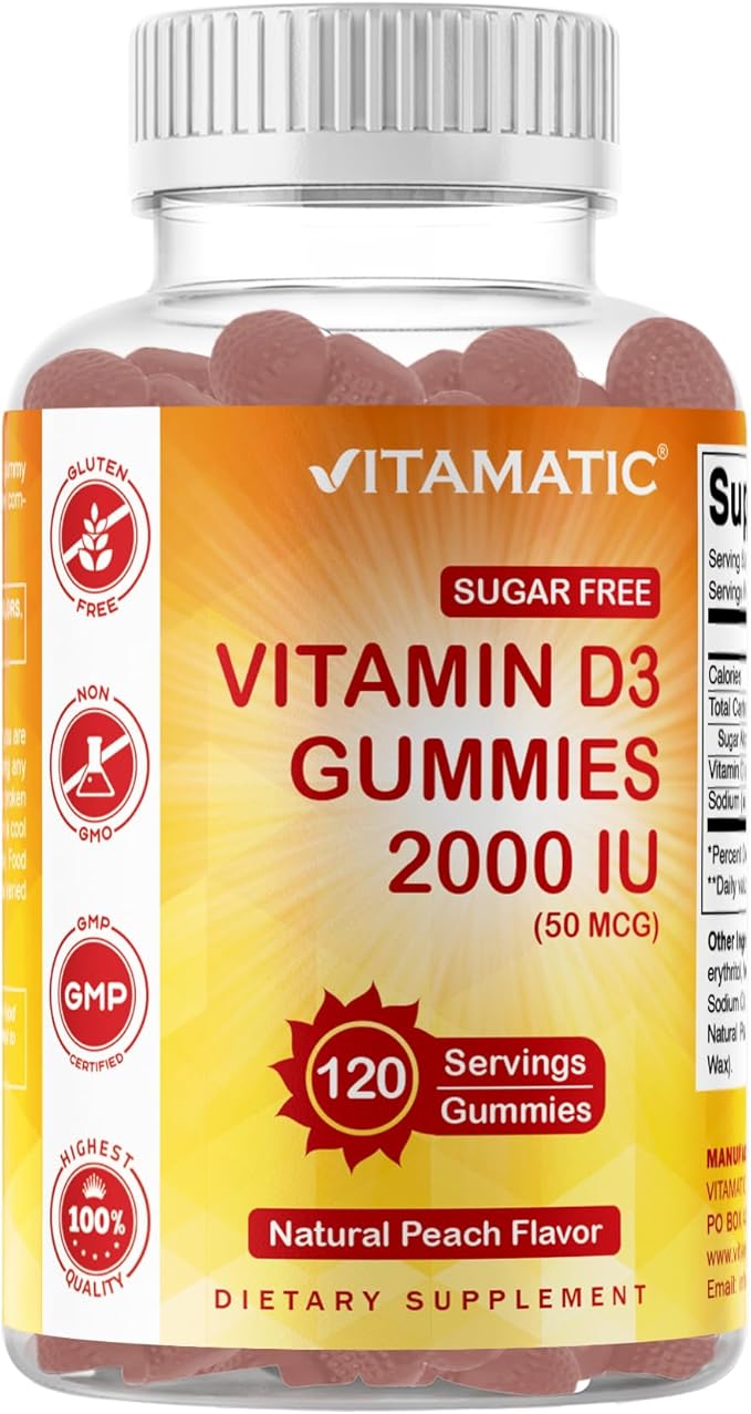 Vitamatic シュガーフリー ビタミンD3 2000 IU - 120 ペクチンベースグミ - 美味しい - 健康な骨、気分、免疫システム機能 - 非遺伝子組み換え - 120回分