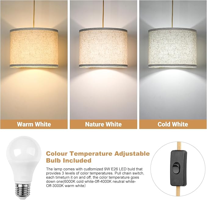 Qingmiao Boho Plug in Pendant Light, Hanging Lamp Plug in with LED Bulb, 3-Way Dimmable Hanging Light Fixture for Living Room Bedroom Kitchen Ceiling Farmhouse Home Decor