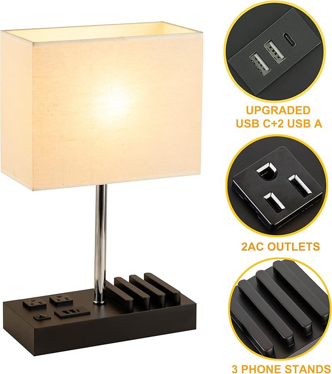 Briever USB Table Lamp, Multi-Functional Desk Lamp with 2 AC Outlets, Bedside Lamp with 3 USB Charging Ports and Wooden Phone Stands, Nightstand Lamp for Bedroom, Livingroom, Office, Linen Shade