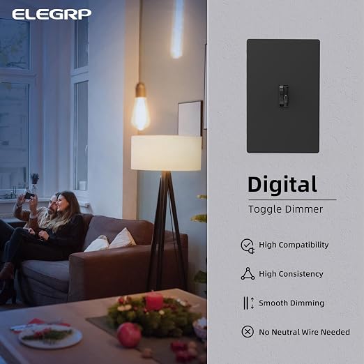 ELEGRP Digital Dimmer Switch for LED/CFL, Toggle Dimmer Switch with Decorative Frameless Design Wallplate, Single Pole/3-Way, UL Listed, 6 Pack, Black