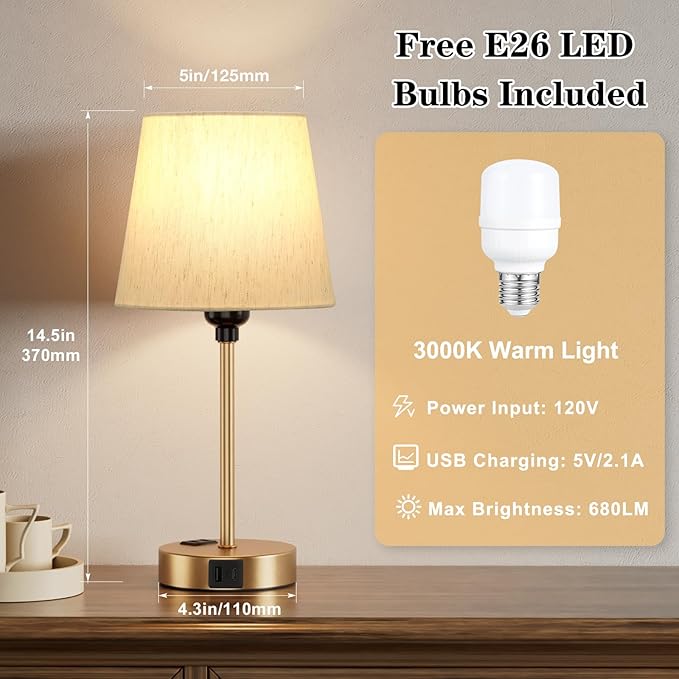 Lamp for bedrooms Set of 2 - Nightstand Bedroom Lamp with USB C Port and AC Outlet Charging, 3 Way Dimmable Touch Control Bed Side Table Lamp, Small Night Stand Light for Kids/Guest Room