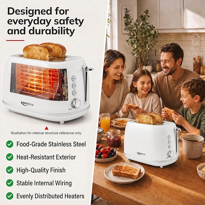 Keenstone Toaster 2 Slice, Retro Wide Slot Stainless Steel Toaster with 6 Browning Levels, Reheat & Defrost, for Bagel, Toast, Bread, Kitchen Essentials, Removable Crumb Tray, White