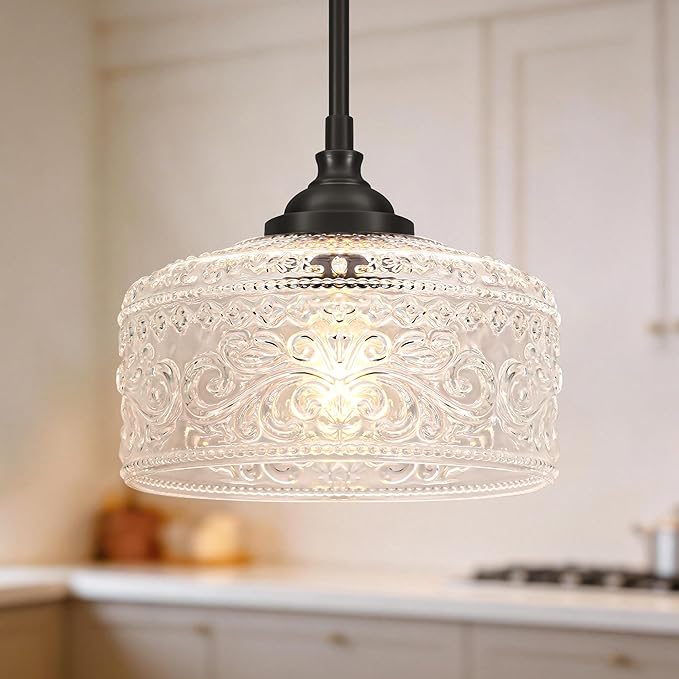 Black Vintage Pendant Lights Kitchen Island, Adjustable Height Kitchen Island Lighting, Bathroom Pendant Light with Clear Glass Shade- Dual Mount Ceiling & Hanging Fixtures with 90° Swivel for Decor