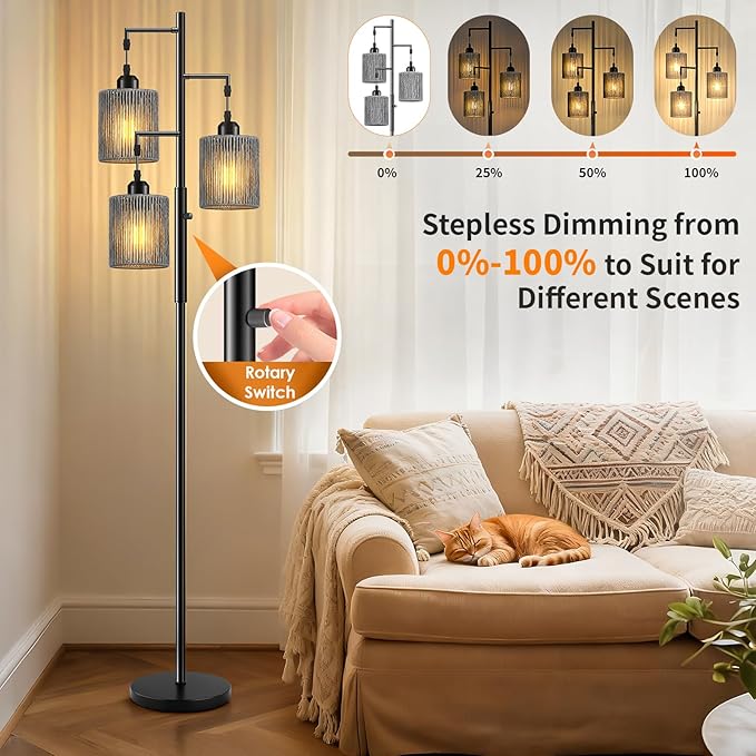 Hotsonic 72" Tall Boho Rattan Style Floor Lamp with Hand-Woven Paper Cord Shade, Dimmable Industrial Tree Standing Lamp for Living Room, Bedroom, Study Room, Office (3 x 800LM Bulbs Included) - Black