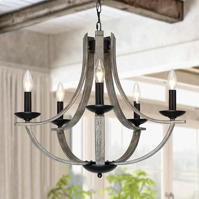 LAMPKEDUO Rustic Farmhouse Chandeliers for Dining Room, 5-Light 24 inch Faux Wood Texture Hanging Light Fixture, Candle Style Chandelier for Living Room Kitchen Island Foyer Entryway