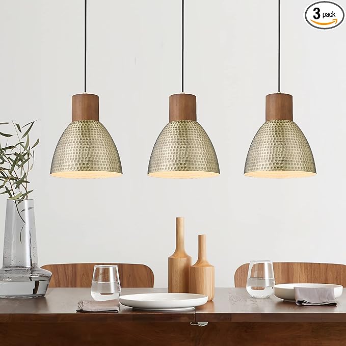 ELYONA Hammered Pendant Lights for Kitchen Island, 7” Small Solid Wood Vintage Metal Hanging Light Fixture Adjustable Height Antique Gold Pendant Lamp for Farmhouse, Dining Room, Brushed Brass, 3 Pack
