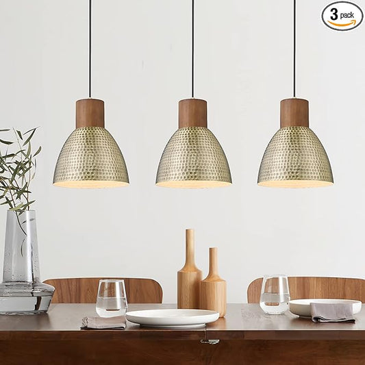 ELYONA Hammered Pendant Lights for Kitchen Island, 7” Small Solid Wood Vintage Metal Hanging Light Fixture Adjustable Height Antique Gold Pendant Lamp for Farmhouse, Dining Room, Brushed Brass, 3 Pack