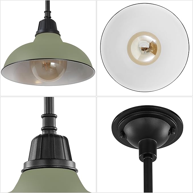 JONATHAN Y 12.25" Matte Olive Green 1-Light Farmhouse Indoor/Outdoor LED Pendant Iron Hanging Light, and Black Metal Shade, Rustic Ceiling Lamp for Kitchen Island, LED Bulb Included (JYL7611I)