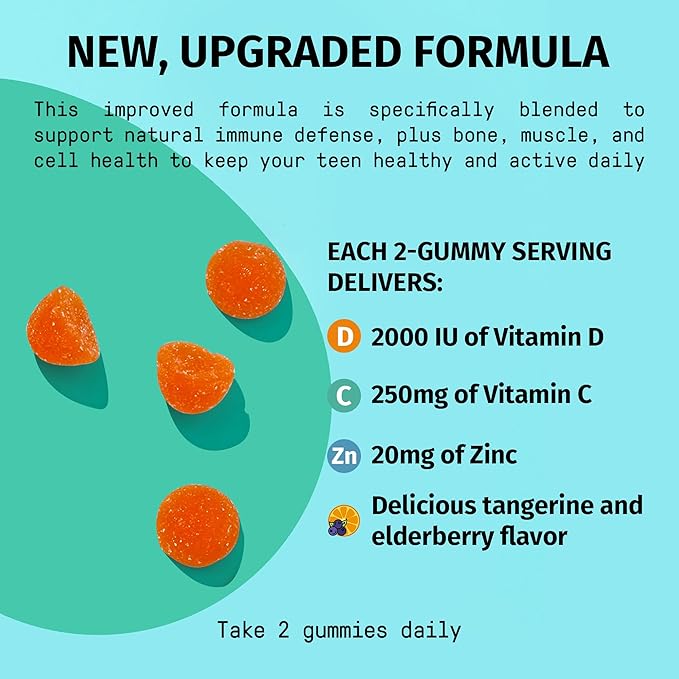 Gummies de soutien immunitaire TEJA pour adolescents avec vitamine D 2000 UI, VIT C, Zinc et Acérola. Supplément à faible teneur en sucre, Multivitamine quotidienne pour l'immunité des adolescents de 12 à 17 ans et des adultes. 60 Gummies
