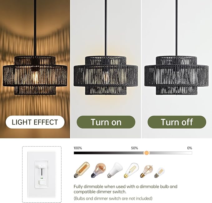 12.4” Black Boho Rattan Chandelier for Dining Room, 1-Light Hand Woven Pendant Light Fixture, Coastal Wicker Hanging Ceiling Light for Kitchen Island Living Room Bedroom Entryway Foyer