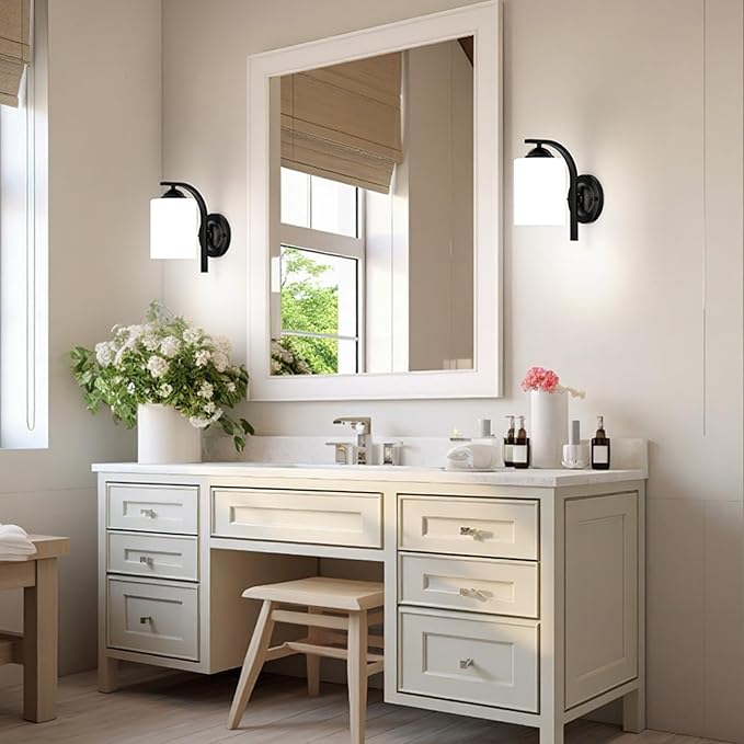 Wall Sconces Lights for Bedroom Bathroom, Modern Vanity Light Fixtures, Matte Black Farmhouse Wall Mount Lighting, Hardwired Wall Lights with Glass Shade for Living Room Mirror Hallway