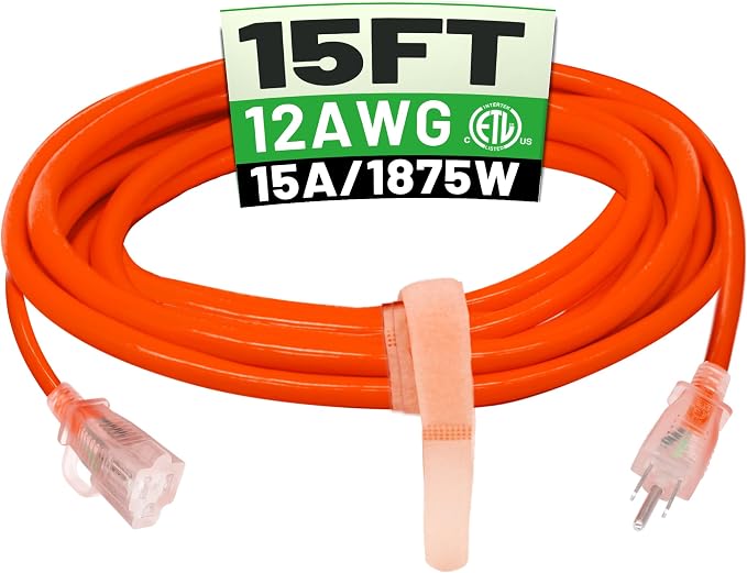 POWGRN 15 ft 12/3 Outdoor Extension Cord Waterproof Heavy Duty with Lighted Indicator End 12 Gauge 3 Prong, Flexible Cold-Resistant Long Power Cord Outside, 15Amp 1875W SJTW Orange ETL Listed