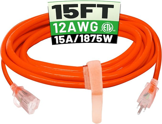 POWGRN 15 ft 12/3 Outdoor Extension Cord Waterproof Heavy Duty with Lighted Indicator End 12 Gauge 3 Prong, Flexible Cold-Resistant Long Power Cord Outside, 15Amp 1875W SJTW Orange ETL Listed
