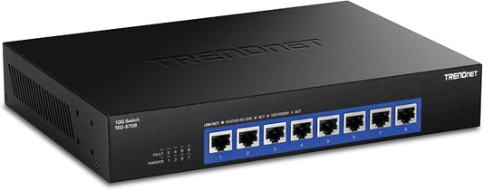 TRENDnet 8-Port 10G Switch, TEG-S708, 8 x 10G RJ-45 Ports, 160Gbps Switching Capacity Rack mountable, Ethernet Splitter, NDAA & TAA Compliant, Lifetime Protection, Black