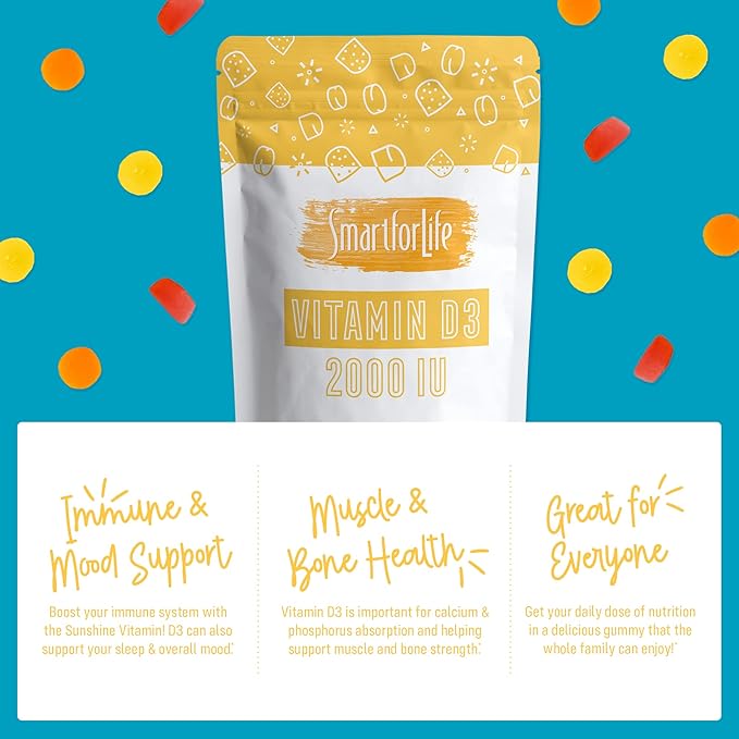 Gummies de vitamine D3 Smart for Life - Vitamine D3 à absorption élevée - Idéales pour le soutien immunitaire et la solidité des os - Gummies de vitamine D pour adultes ou enfants - 60 unités