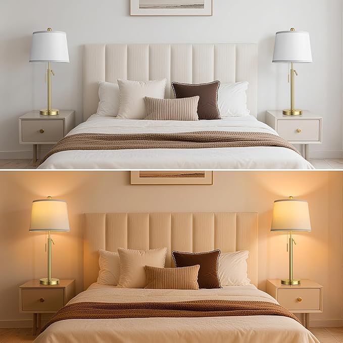 Tall Table Lamps Set of 2, Modern Gold Table Lamps with White Shade for Living Room, Height Adjustable Nightstand Lamps for Bedroom, 3 Color Temperature Beside Lamps with Pull Chain(Bulbs Included)