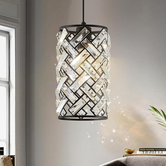 CATINER Modern Black Crystal Pendant Light Fixture - Mini Chandelier for Kitchen Island, Dining Room, Living Room, Hallway, Porch, Bedroom Lighting