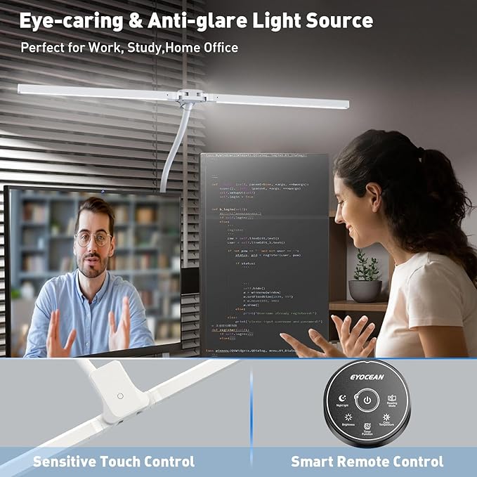 EYOCEAN Desk Lamp with Clamp, 31.5" LED Desk Lamp for Home Office, 24W Double Head Desk Light, Dimmable & Color Temperature, Table Lamp with Remote Control, Brightest Computer Monitor Light