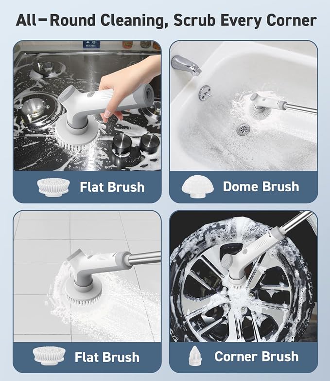 Electric Spin Scrubber, VEWIOR Cordless Shower Scrubber with 3 Adjustable Angle, Cleaning Brush with 2 Speeds 3 Replaceable Brush Heads for Bathroom Kitchen Tub