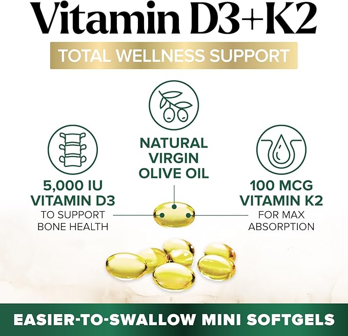 Vitamine D3 K2 5000 UI - Supplément de Vitamine D3 à Haute Puissance - Complexe Avancé 2-en-1 avec Vitamine D et Vitamine K2 (MK7) - Gélule Facile à Avaler, Soutien Osseux et Immunitaire - Embouteillé aux États-Unis - 120 Gélules