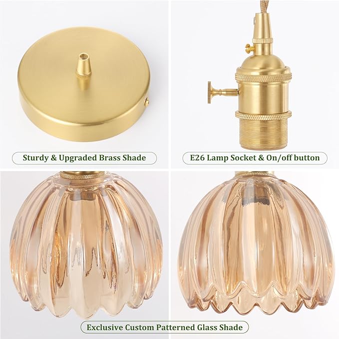 Shenmoyl Pendant Light with Amber Tulip Glass Lmapshade, Brass Vintage Pendant Light Adjustable Hanging Light for Kitchen Island Dining Room Hallway