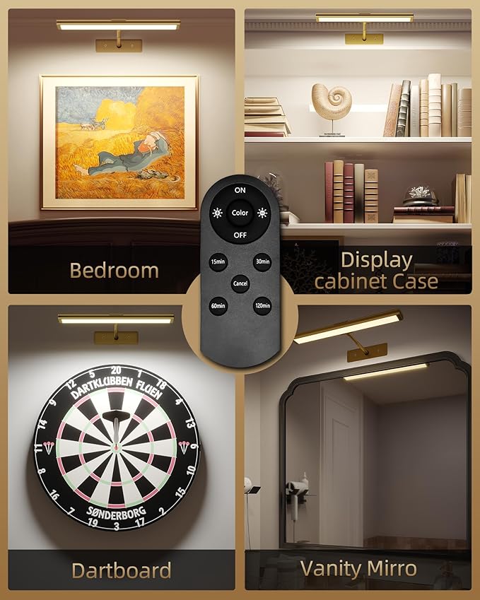 EZVALO Picture Light for Wall, 4800mAh Rechargeable Wireless Remote, 13‘’ Dimmable Magnetic LED Art Display Light with 3 Color Temperatures, for Gallery, Living Room, Bedroom, Hallway (Gold-2Pack)