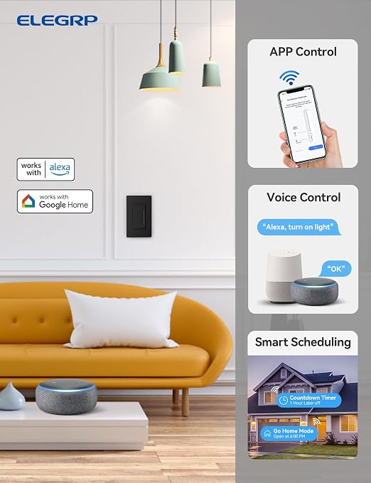 ELEGRP Smart Dimmer Light Switch DPR30, 2.4GHz Wi-Fi Dimmer Switch Compatible with Alexa and Google Assistant, Single Pole/3 Way, Needs Neutral Wire, No Hub Required, UL Listed, Matte Black, 4 Pack