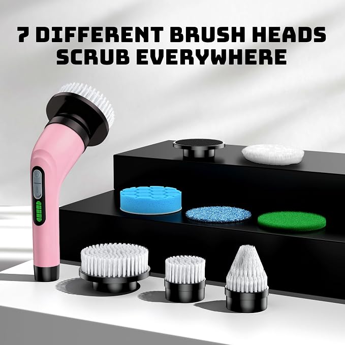 Electric Spin Scrubber - Cordless Bathroom Scrubber with 7 Brush Heads | Dual Speed IPX7 Waterproof Power Scrubber for Heavy-Duty Bathtub, Glass, Tile, and Car Cleaning