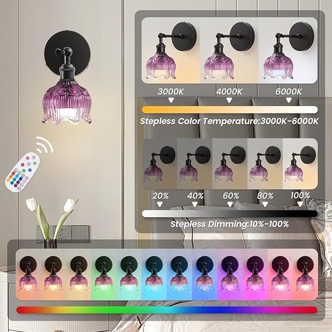 Vintage Wall Sconce - 5000mAh Rechargeable Dimmable Wireless Powered Light Sconces - Set of 2 Purple Flower Glass Cordless Mounted Lighting with Remote Control for Bedroom Bedside
