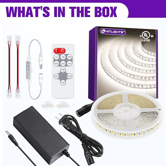 HitLights White LED Strip Lights Kit with Remote & 24V Power Supply, 16.4ft Dimmable Tape Light 4000K, 600 LEDs, 425 lm/ft, CRI 90+, IP30, UL Listed, Lighting for Living Room, Kitchen, Under Cabinets