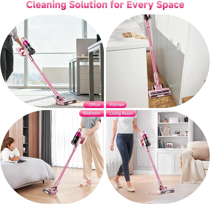 Cordless Vacuum Cleaner: Portable 6-in-1 Stick Vacuum with Anti-Tangle Brush, LED Headlight, Self-Standing, HD Display, Rechargeable Vacuum for Pet Hair, Low-Pile Carpet and Hardwood Floor-Dark Pink