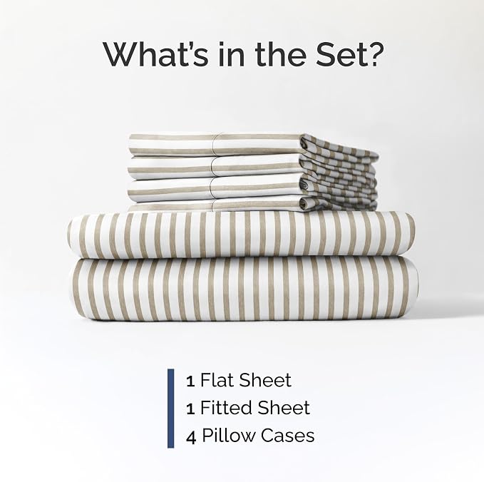 Cal King 6 Piece Sheet Set - Comfy Breathable & Cooling - Soft Hotel Luxury Bedding Set w/ 8-16 Inch Deep Pockets - 1 Flat & 1 Fitted Sheet & 4 Pillowcases - Wrinkle Free & Easy Care - Beige Stripes 2