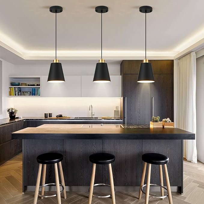 Matte Black Mini Pendant Light 7.87in Cone Kitchen Island Pendant Lighting with Gold Modern Hollow Shade Hanging Light Fixture for Kitchen Dining Room Bar 63" Adjustable Cord, 1 PCS