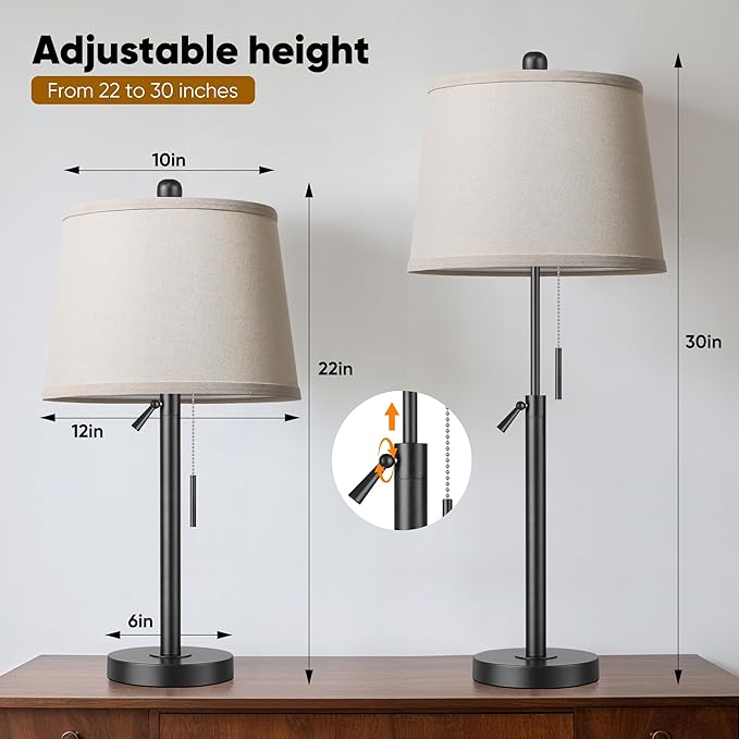 PARTPHONER Bedside Table Lamps Set of 2, Tall Black Table Lamps for Living Room, Height Adjustable Nightstand Lamps for Bedroom, Modern Lamps with Pull Chain for End Table Office(LED Bulbs Included)