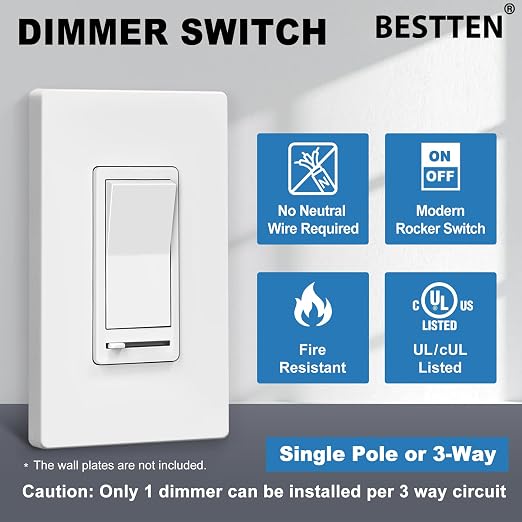 BESTTEN 5 Pack Dimmer Light Switch, Single Pole or 3-Way, Compatible with Dimmable LED, CFL, Incandescent and Halogen Bulb, LED Slide Dimmer Switch, Neutral Wire Not Required, 120VAC, UL Listed, White