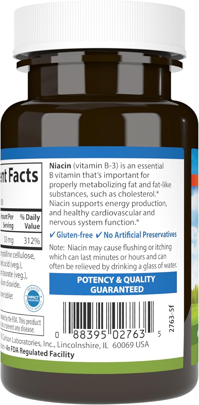 Carlson - Niacine, 50 mg, Favorise le métabolisme du cholestérol, la production d'énergie, la santé cardiaque, la fonction nerveuse, 300 comprimés