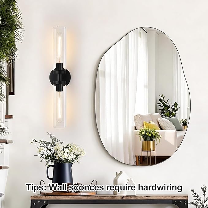 Indoi Matte Black Wall Sconces, Hardwired Bathroom Sconces Wall Lighting with Clear Glass, Modern Sconces Wall Light fixtures for Bathroom Mirror Living Room Hallway Bedroom