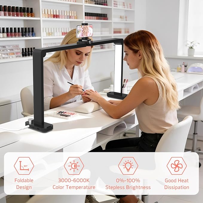 Half Moon Light for Nail Desk with Phone Holder, Large Square Nail Lamp for Desk, Professional Manicurist Desktop Lamp, LED Light Suitable for Manicures, Tattoos, and Sewing, Black