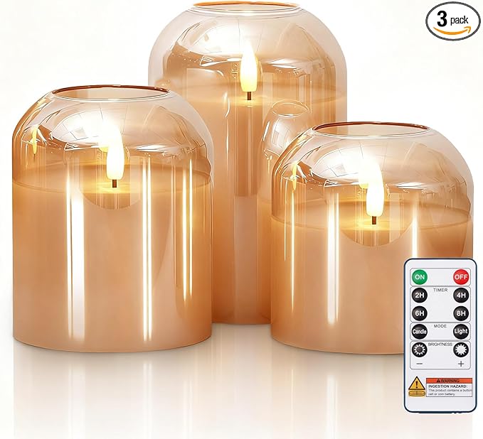 Homemory Glass Flameless Candles, Battery Operated Plliar Candles Realistic Flickering, LED Electric Light with Remote and Timer for Home, Christmas Decoration, Gold, Set of 3