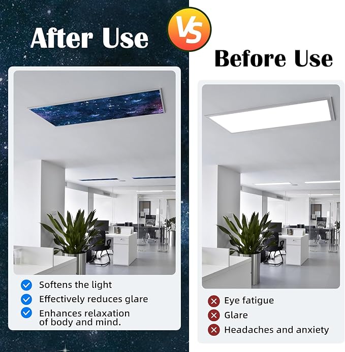 ANGSYLTH 8 Pcs Fluorescent Light Covers - 4 x 2 Feet Covers for Ceiling Lights, 8 x 10 Magnetic Light Filters for Classroom, Office, Hospitals (Starry Sky)
