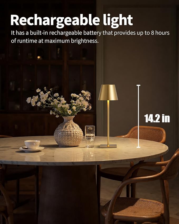 KDG 2 Pack Cordless Table Lamp, Portable LED Desk Lamps, 4000mAh Battery Operated, 3 Color Stepless Dimming Up, for Restaurant, Bedroom, Outdoor Camping, Coffee Shop, Night Light, Rechargeable (Gold)