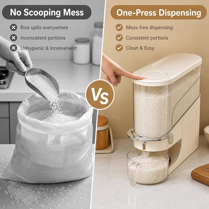 Rice Dispenser 11 Lb, Slim Rice Storage Container with Double Sealing Strip, Press to Dispense Cereal Container Airtight for Kitchen Pantry Organization, (Creamy Yellow-11lb)