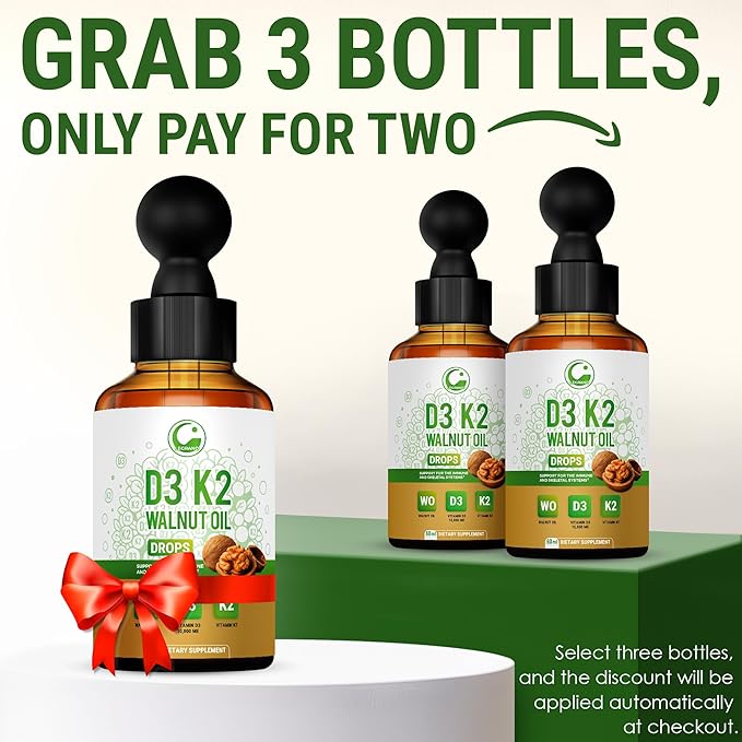 Liquid Vitamin D3 K2 Drops 10000 IU with Walnut Oil – High Potency Liquid Vitamin D3 with Vitamin K2 (MK7) 200 mcg | D3 K2 Supplement for Men & Women | Bones, Muscles & Immune Support | Non-GMO
